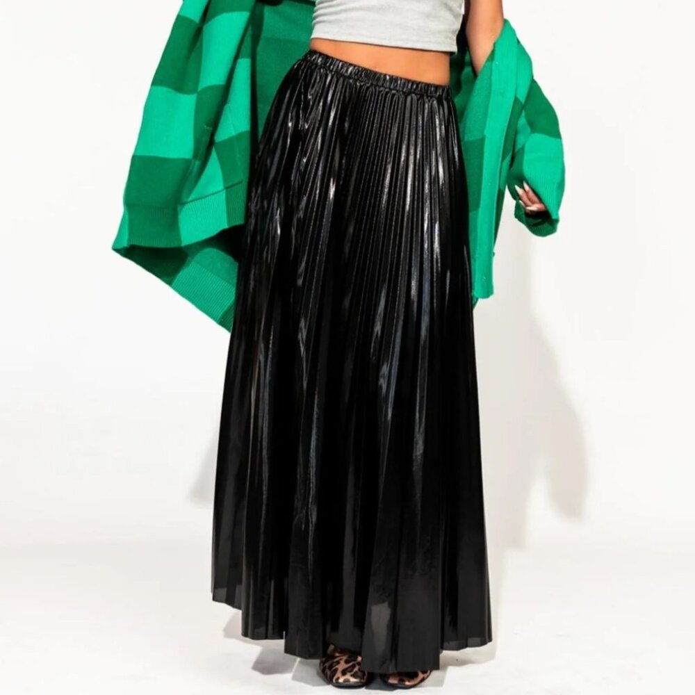 Dressed in Lala Metallic Pleated Midi Skirt in Midnight Black
